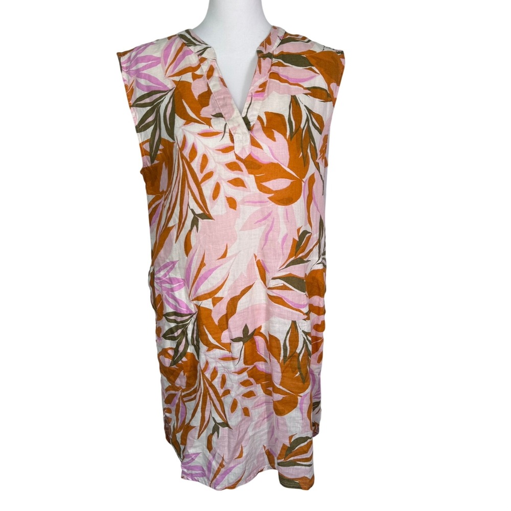 C&C CALIFORNIA Women's Medium Pink Orange 100% Linen Tropical Leaf Midi Dress